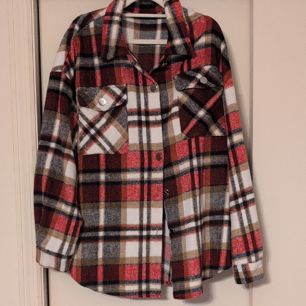 Boutique Size XL Lady's Plaid Orange, Brown, Black Button-Up Shirt Jacket